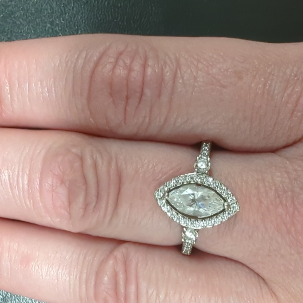 Diamonique 1.85 cttw. Marquise Platinum Plated Halo Ring Sz 10 - Picture 2 of 13